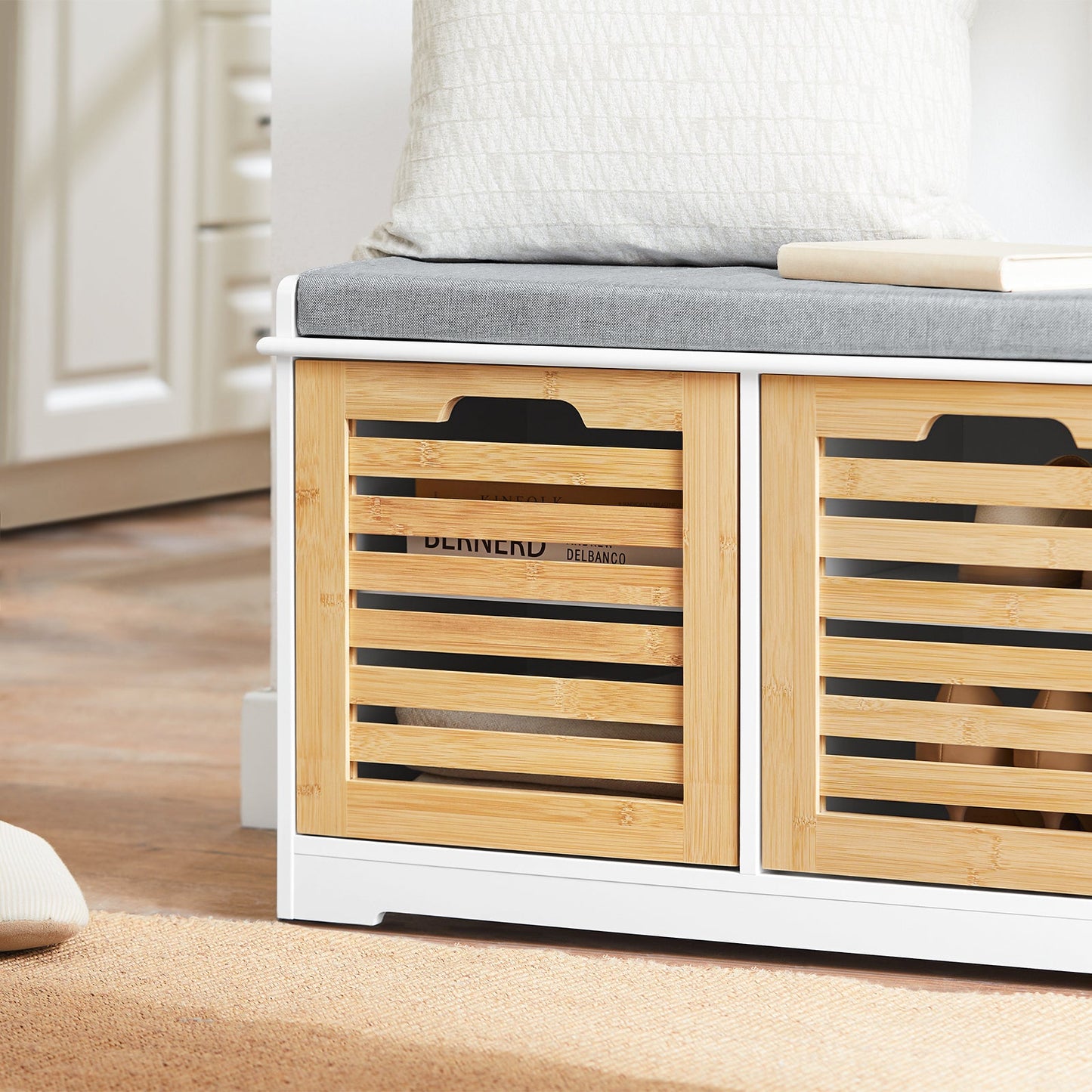 Banc à chaussures avec rangement et coussin - 71x35x43 cm - Blanc & Ecru - SoBuy FSR23-II-WN