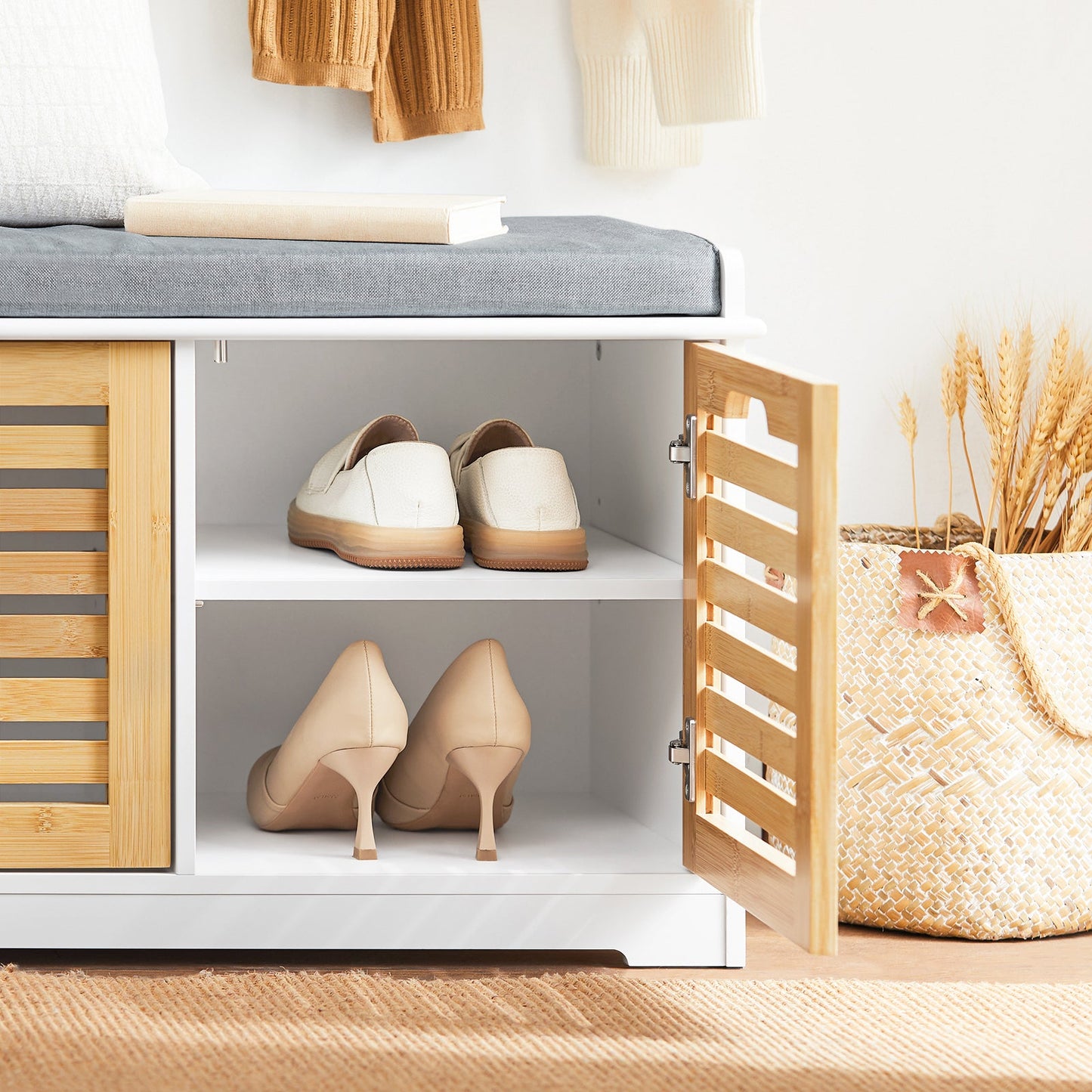 Banc à chaussures avec rangement et coussin - 71x35x43 cm - Blanc & Ecru - SoBuy FSR23-II-WN