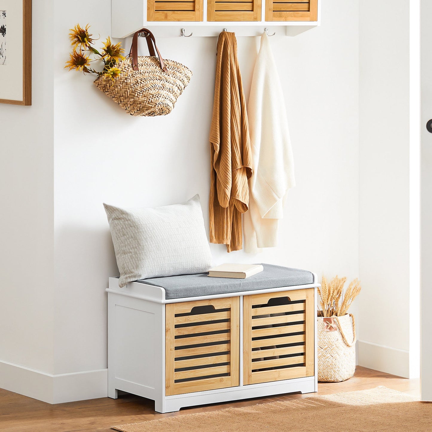 Banc à chaussures avec rangement et coussin - 71x35x43 cm - Blanc & Ecru - SoBuy FSR23-II-WN