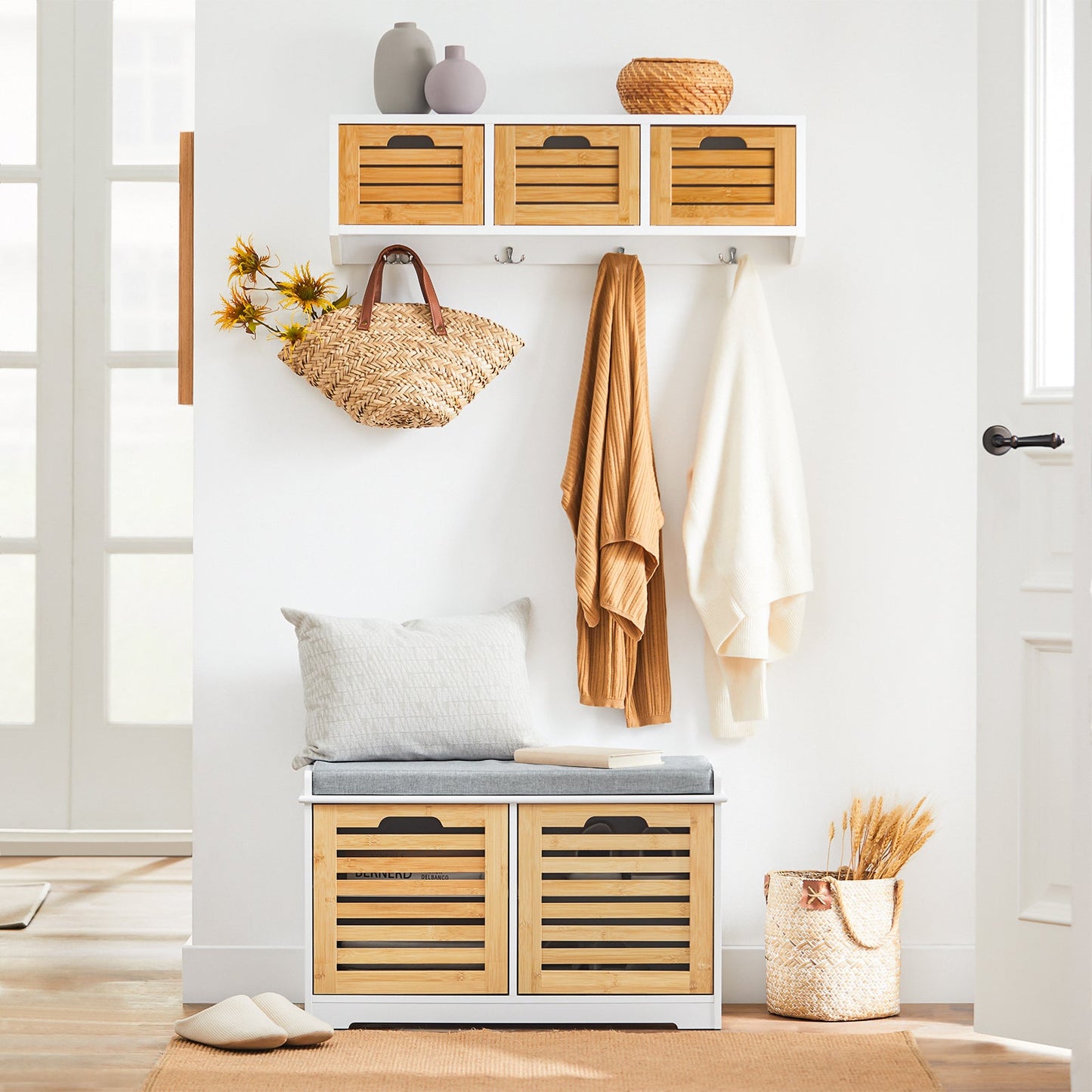 Banc à chaussures avec rangement et coussin - 71x35x43 cm - Blanc & Ecru - SoBuy FSR23-II-WN