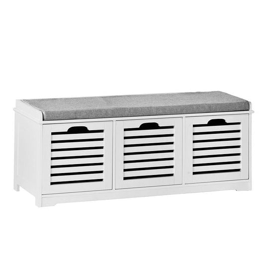 SoBuy Meuble à chaussures avec assise rembourrée - 3 paniers -Rural - Max. 120 kg -105 x 35 x 43 cm - Blanc / Gris