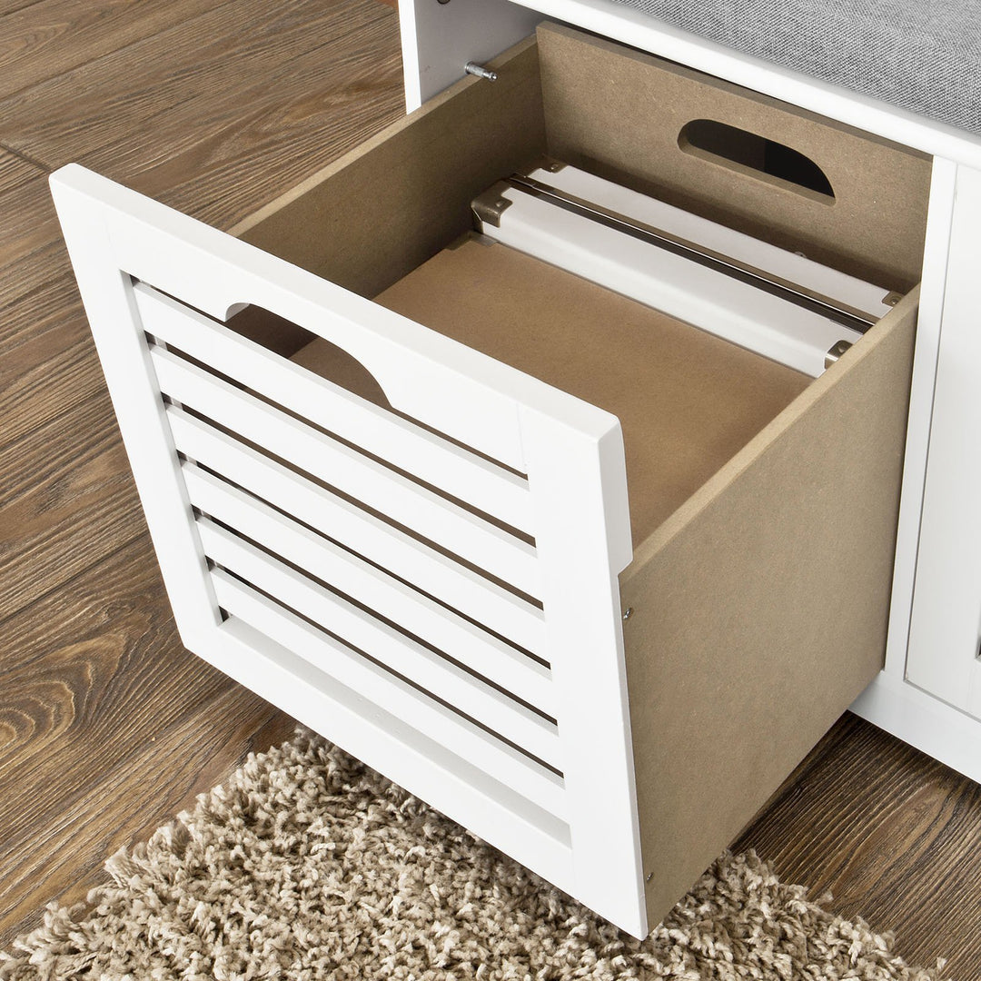 SoBuy Meuble à chaussures avec assise rembourrée - 3 paniers -Rural - Max. 120 kg -105 x 35 x 43 cm - Blanc / Gris