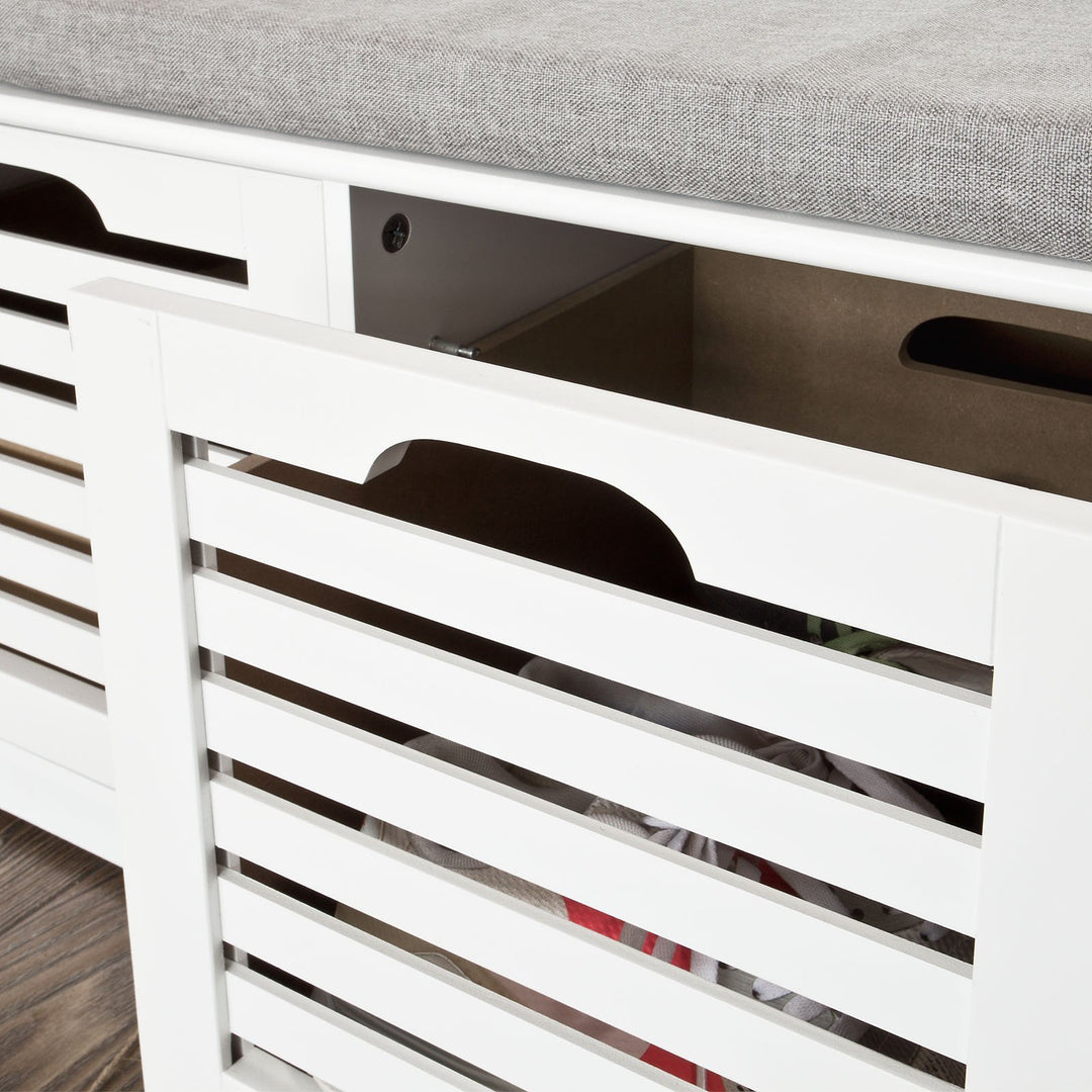 SoBuy Meuble à chaussures avec assise rembourrée - 3 paniers -Rural - Max. 120 kg -105 x 35 x 43 cm - Blanc / Gris