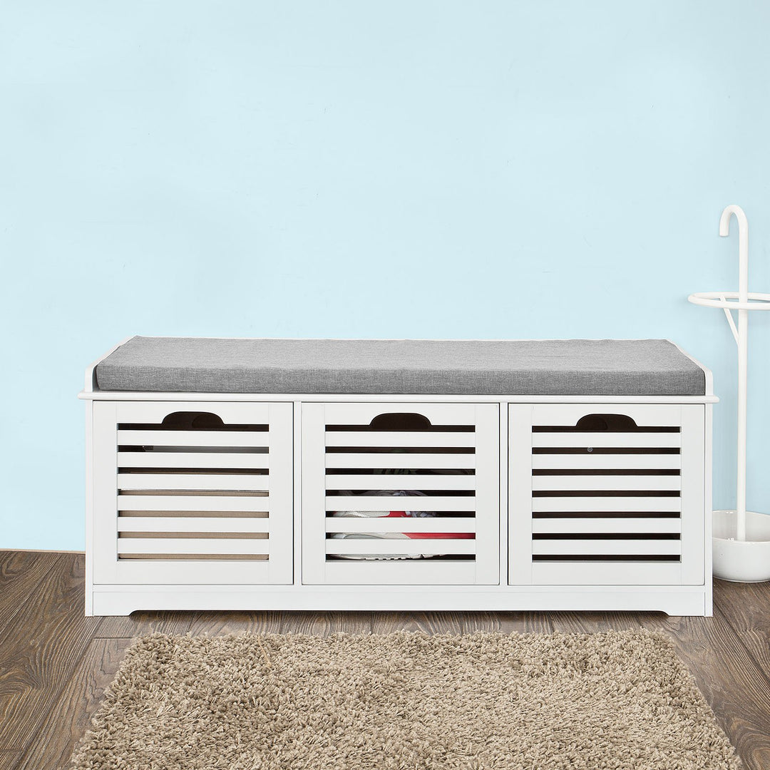 SoBuy Meuble à chaussures avec assise rembourrée - 3 paniers -Rural - Max. 120 kg -105 x 35 x 43 cm - Blanc / Gris