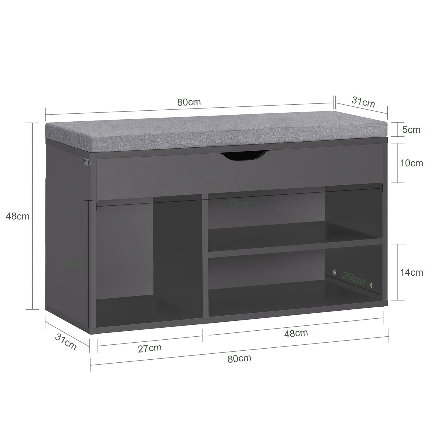 SoBuy Meuble à chaussures avec siège rembourré - 1 tiroir et étagères de rangement - Max. 120 kg -80 x 31 x 48 cm - Noir