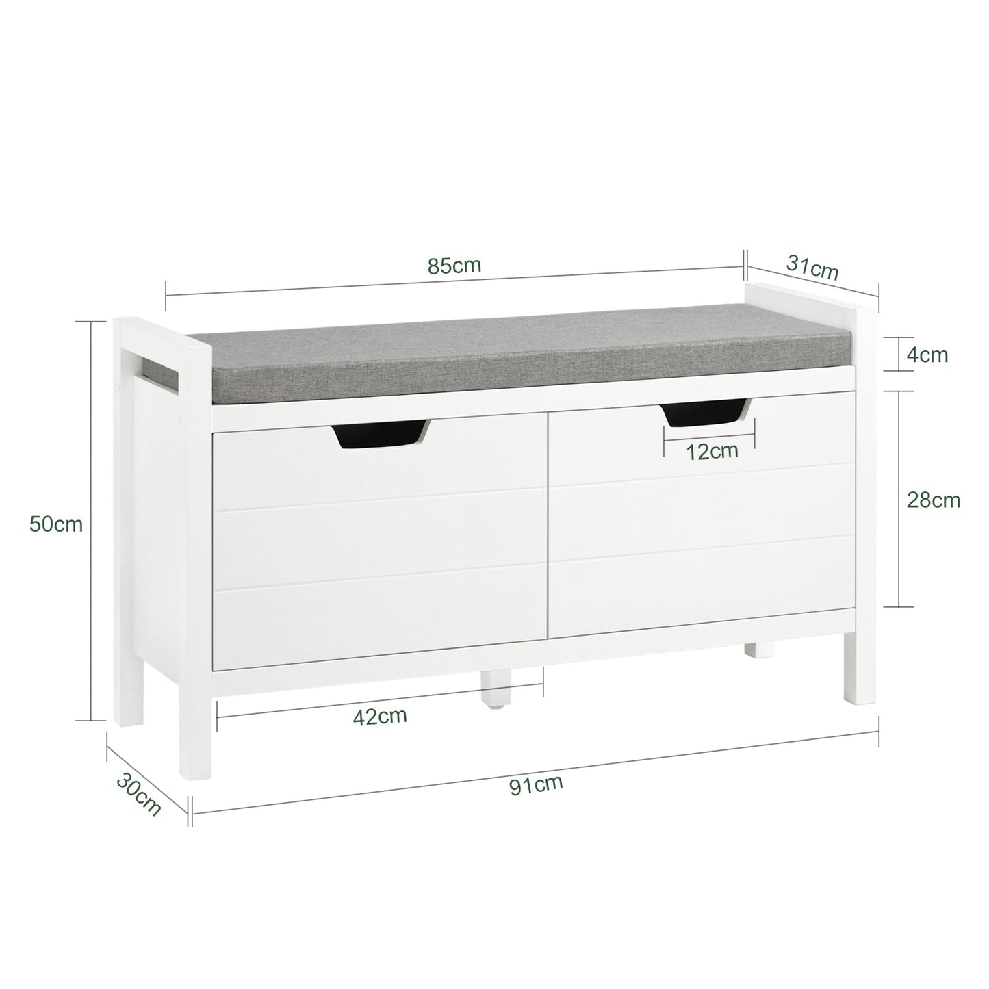 SoBuy FSR63-II-W Banc de rangement 91x30x50 cm, blanc, meuble d'entrée bas avec coussin souple et 2 portes