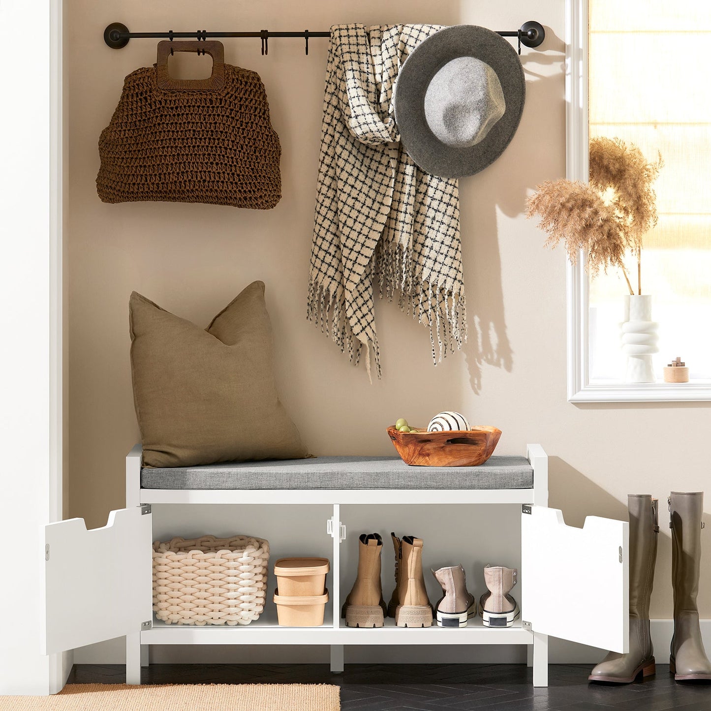 SoBuy FSR63-II-W Banc de rangement 91x30x50 cm, blanc, meuble d'entrée bas avec coussin souple et 2 portes