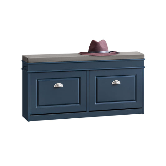 SoBuy Meuble et banc à chaussures couloir - 2 abattants - avec coussin amovible - couloir étroit - bois laqué - L104 x P24 x H51 cm - bleu