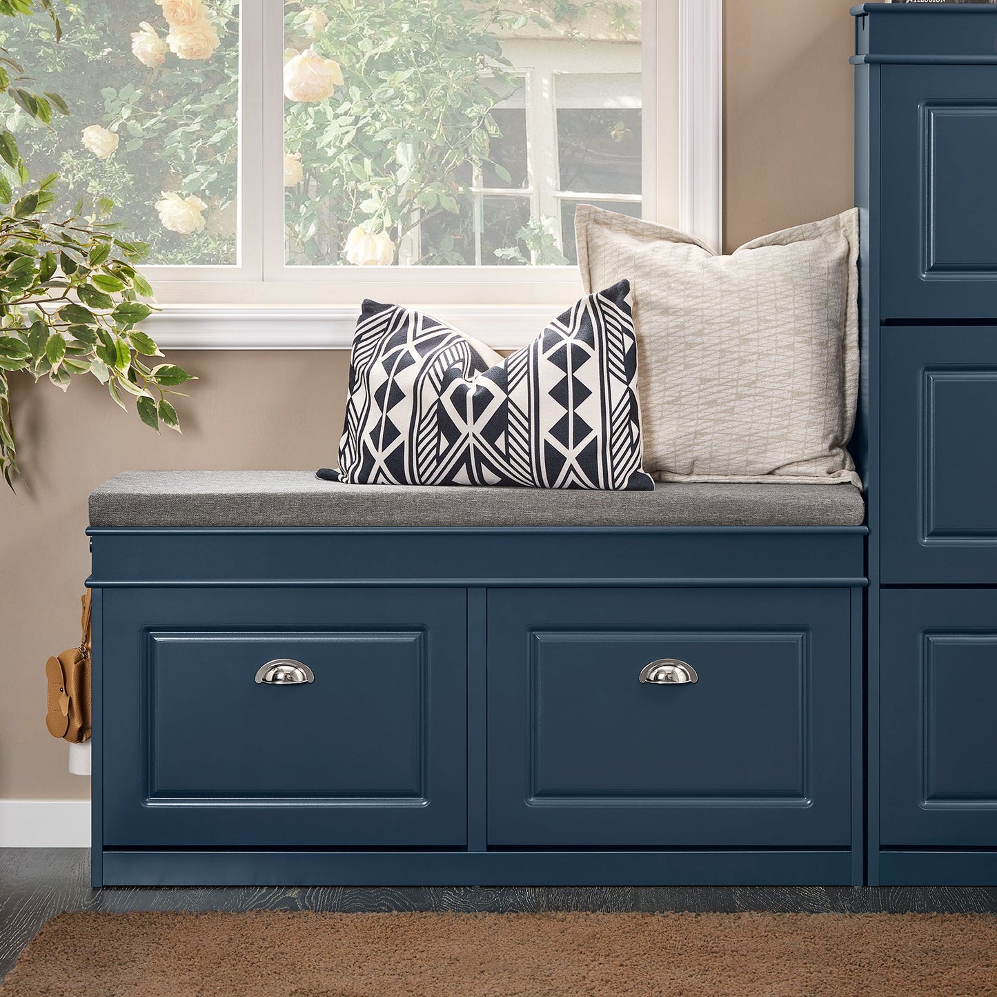 SoBuy Meuble et banc à chaussures couloir - 2 abattants - avec coussin amovible - couloir étroit - bois laqué - L104 x P24 x H51 cm - bleu