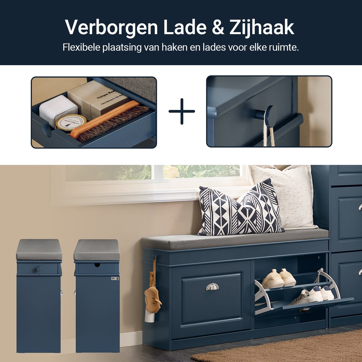 SoBuy Meuble et banc à chaussures couloir - 2 abattants - avec coussin amovible - couloir étroit - bois laqué - L104 x P24 x H51 cm - bleu