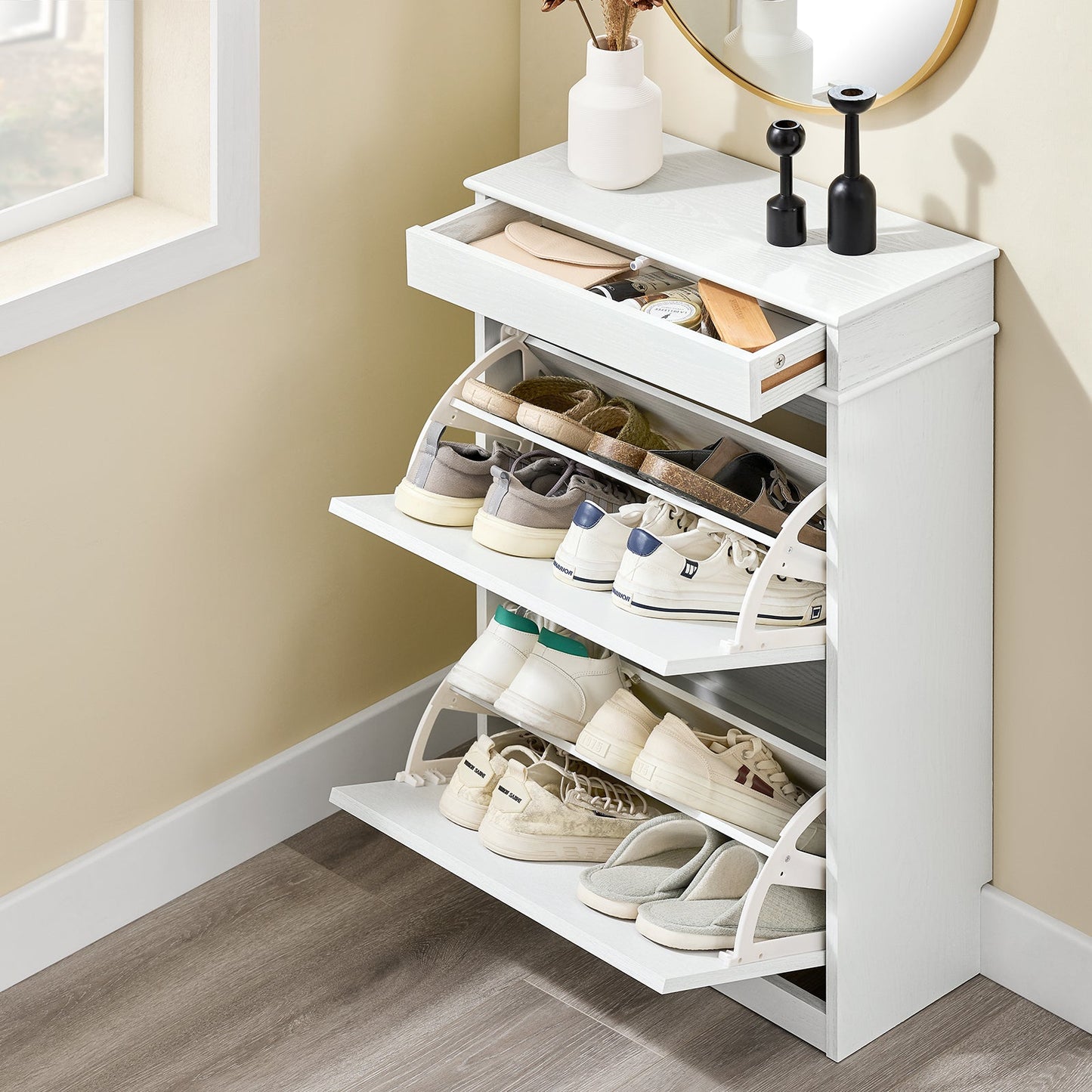 SoBuy FSR78-WG Meuble à chaussures avec 2 abattants, 8 paires, couloir et entrée, 54 x 24 x 82 cm, blanc avec effet bois vieilli