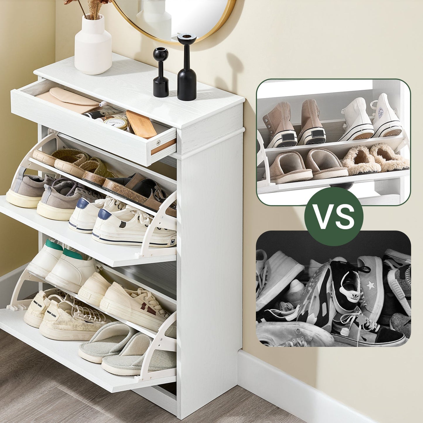 SoBuy FSR78-WG Meuble à chaussures avec 2 abattants, 8 paires, couloir et entrée, 54 x 24 x 82 cm, blanc avec effet bois vieilli