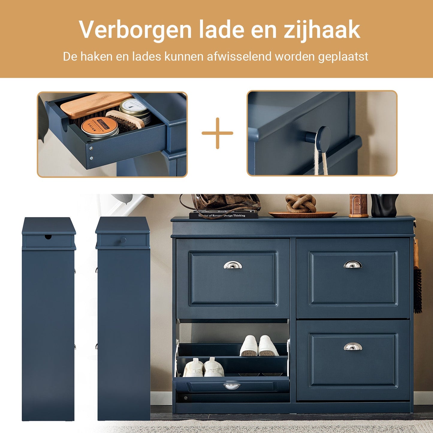 SoBuy Meuble à chaussures avec 4 abattants - Meuble à chaussures étroit pour le couloir et l'entrée - 105x24x83 cm - Bleu