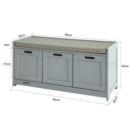 SoBuy - Banc à chaussures avec assise rembourrée - 2 portes et 1 panier - Max. 150 kg - 90 x 35 x 45 cm - Gris