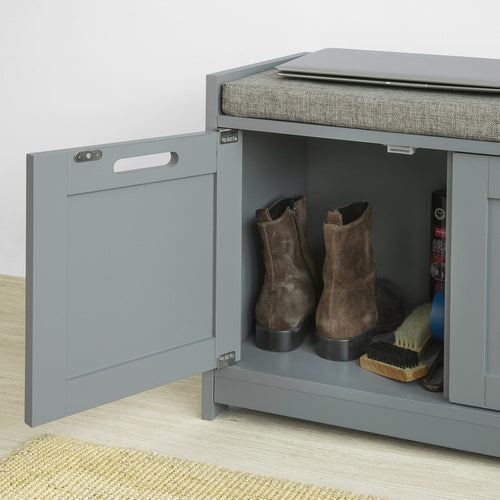 SoBuy - Banc à chaussures avec assise rembourrée - 2 portes et 1 panier - Max. 150 kg - 90 x 35 x 45 cm - Gris