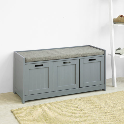 SoBuy - Banc à chaussures avec assise rembourrée - 2 portes et 1 panier - Max. 150 kg - 90 x 35 x 45 cm - Gris