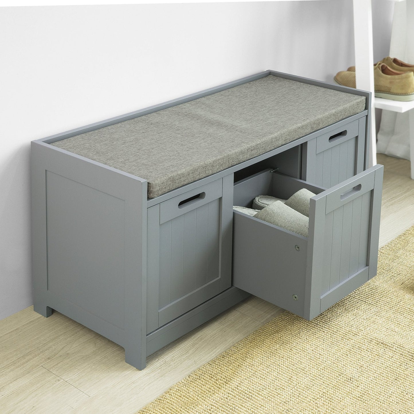 SoBuy - Banc à chaussures avec assise rembourrée - 2 portes et 1 panier - Max. 150 kg - 90 x 35 x 45 cm - Gris