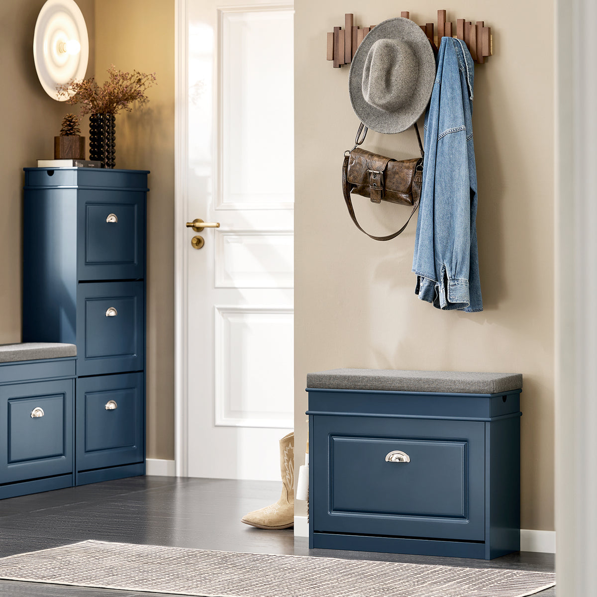 SoBuy Meuble à chaussures avec coussin d'assise et rangement - Bleu - 60 x 24 x 52 cm