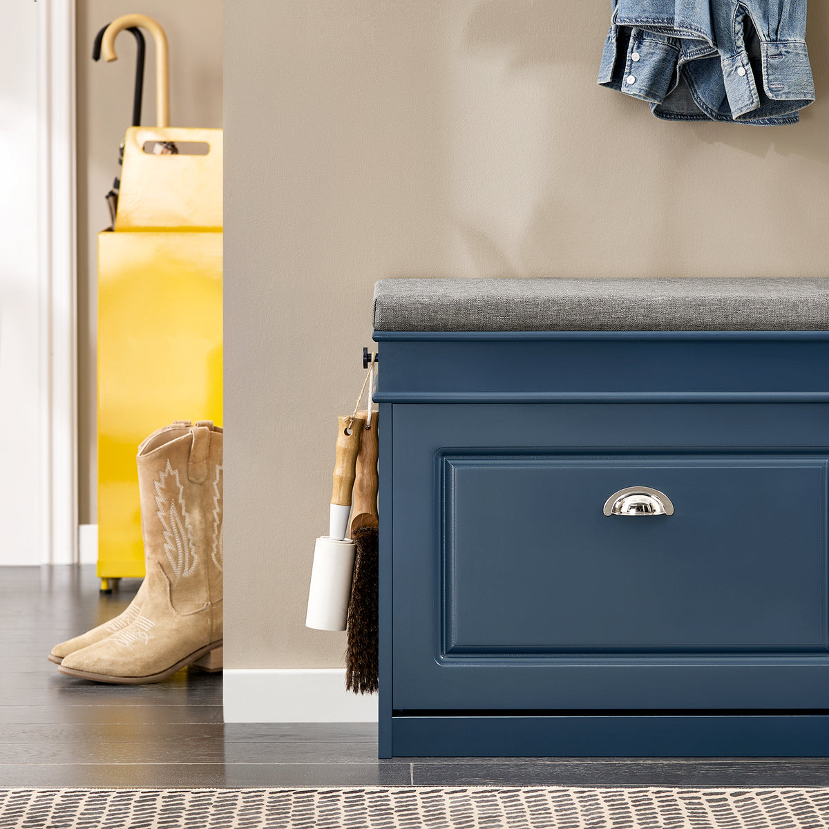 SoBuy Meuble à chaussures avec coussin d'assise et rangement - Bleu - 60 x 24 x 52 cm