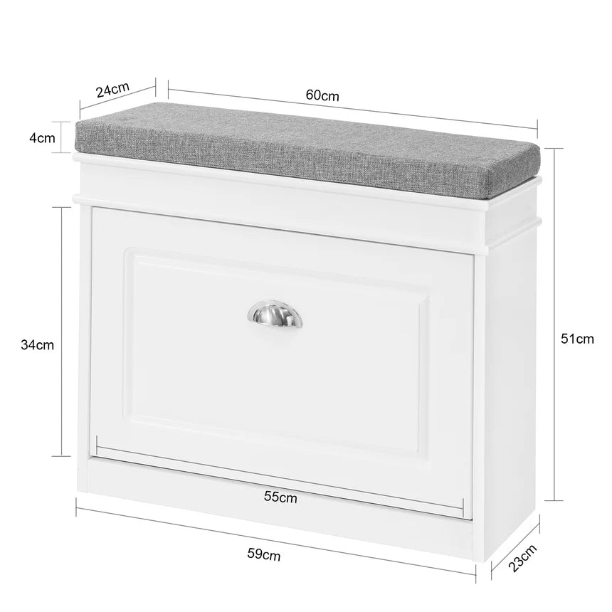 SoBuy - Meuble à chaussures - 60 x 24 x 51 cm - siège rembourré, rangement caché et construction en MDF E1 - pour l'entrée et la chambre - bois blanc
