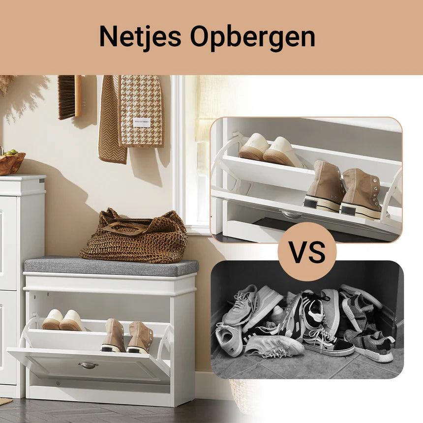 SoBuy - Meuble à chaussures - 60 x 24 x 51 cm - siège rembourré, rangement caché et construction en MDF E1 - pour l'entrée et la chambre - bois blanc