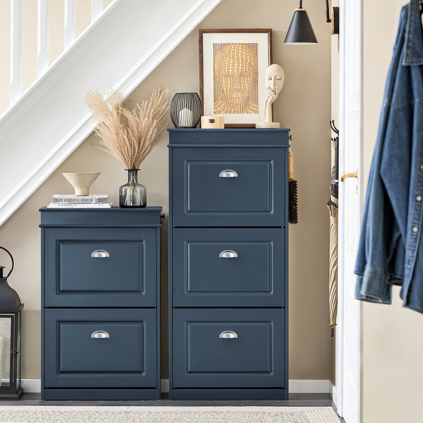 SoBuy Meuble à chaussures avec 3 abattants et tiroir - Rangement étroit pour chaussures dans l'entrée - Bleu - 53 x 24 x 118 cm