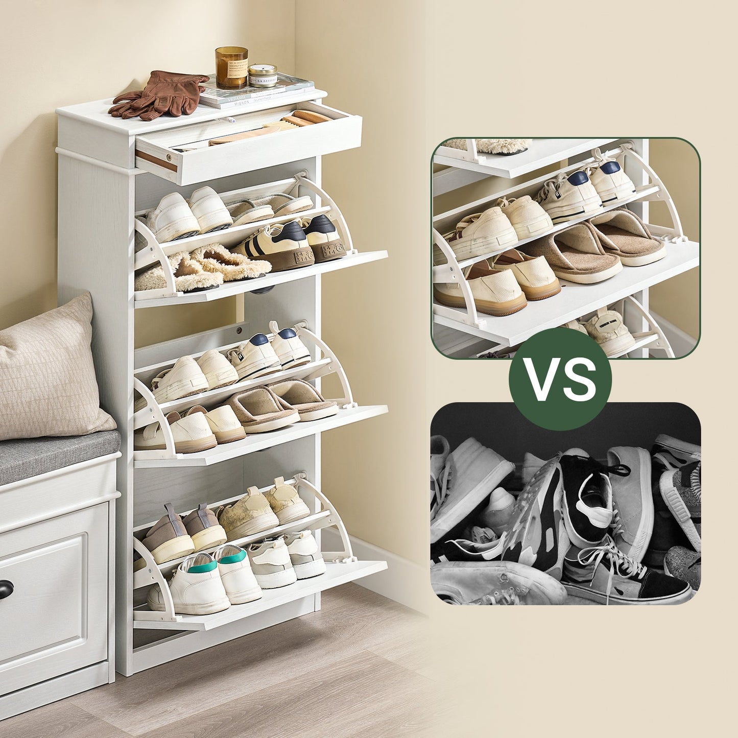 SoBuy FSR94-WG Meuble à chaussures 3 volets 12 paires, 53 x 24 x 118 cm, effet bois vieilli/blanc