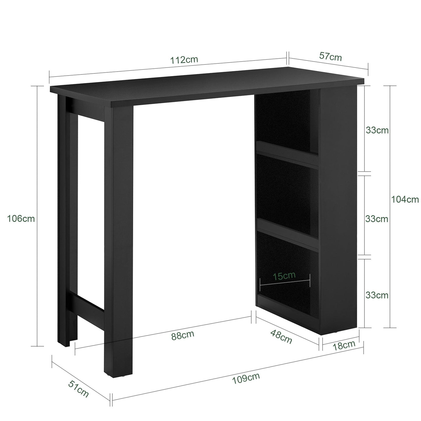 SoBuy FWT17-II-SCH Table de cuisine haute - Table de bar sur pied avec étagères de rangement pour les petits espaces - Noir - 112 x 57 x 106 cm