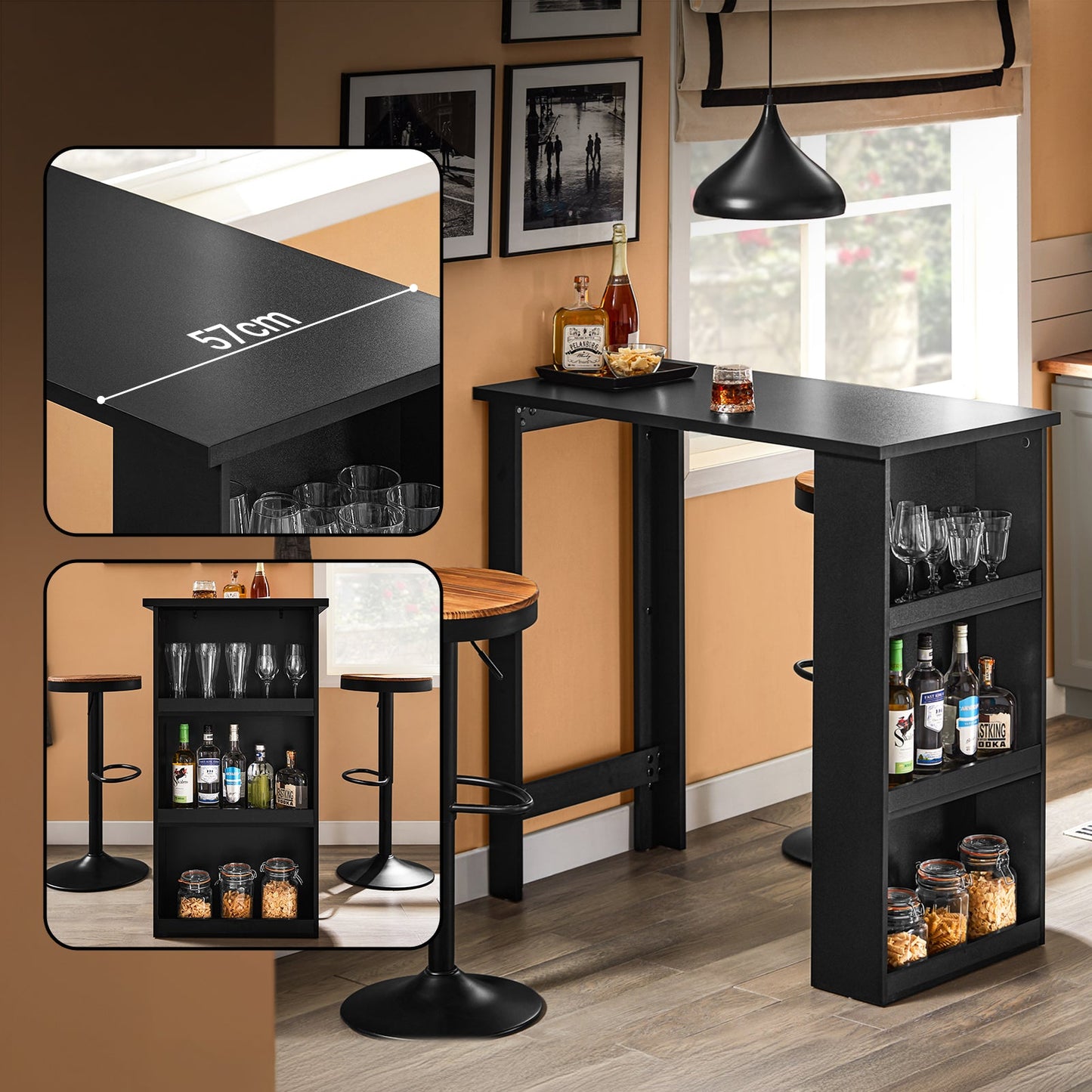 SoBuy FWT17-II-SCH Table de cuisine haute - Table de bar sur pied avec étagères de rangement pour les petits espaces - Noir - 112 x 57 x 106 cm