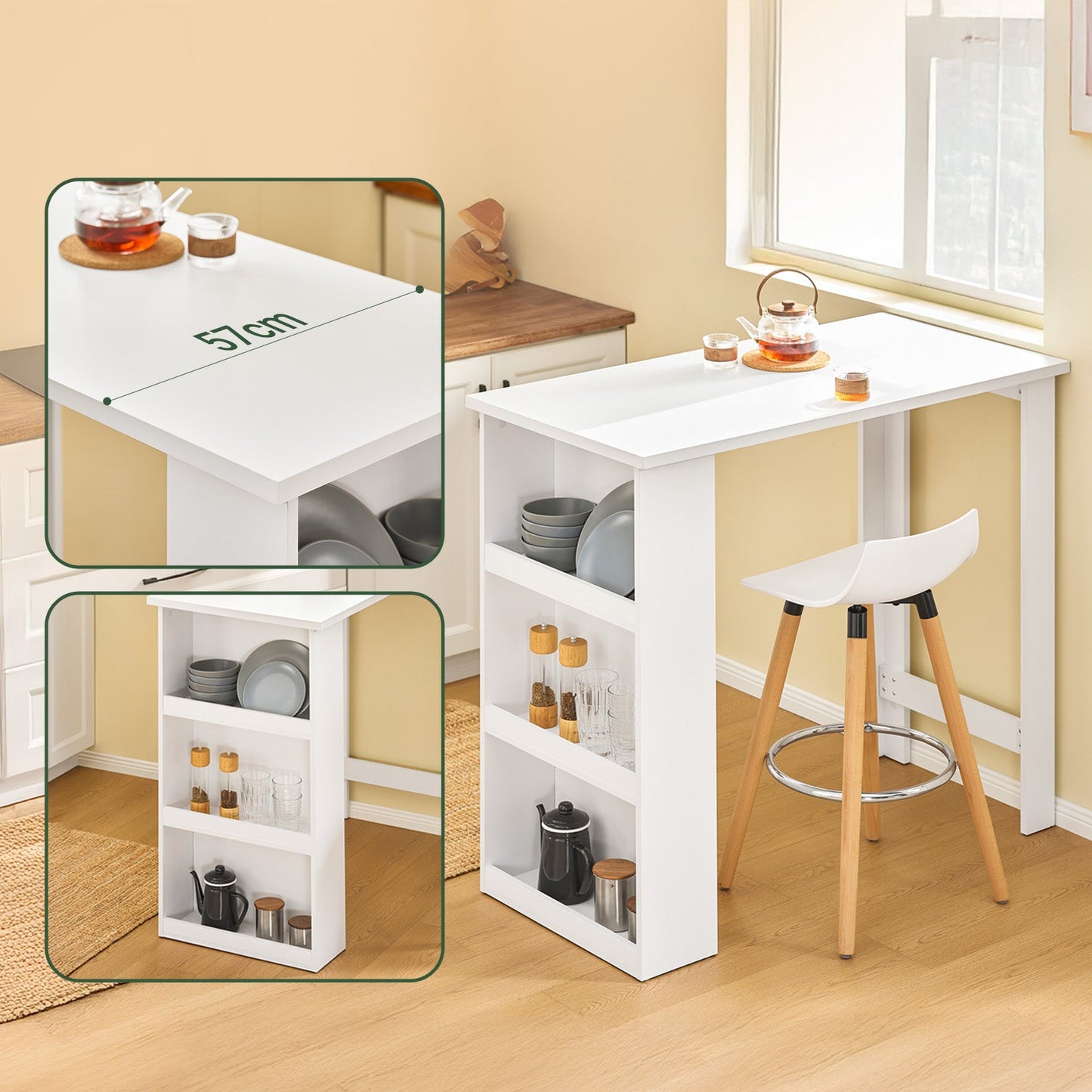 SoBuy FWT17-II-W Table de bar - Table de cuisine haute avec rangement - Table debout compacte pour la cuisine, le salon ou le bar à café - Blanc - 112 x 57 x 106 cm