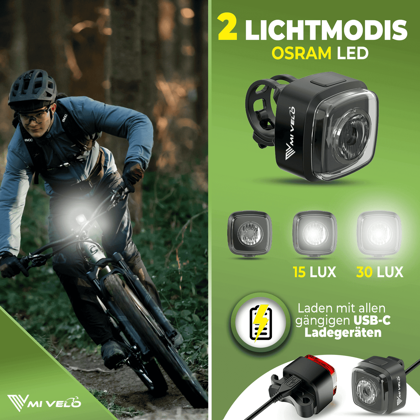 MIVELO Kit d'éclairage pour vélo Cube One LED - rechargeable par USB - approuvé par StVZO