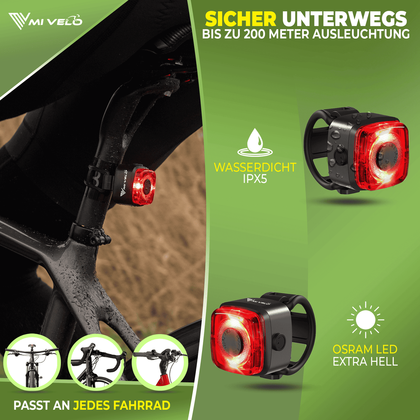 MIVELO Kit d'éclairage pour vélo Cube One LED - rechargeable par USB - approuvé par StVZO