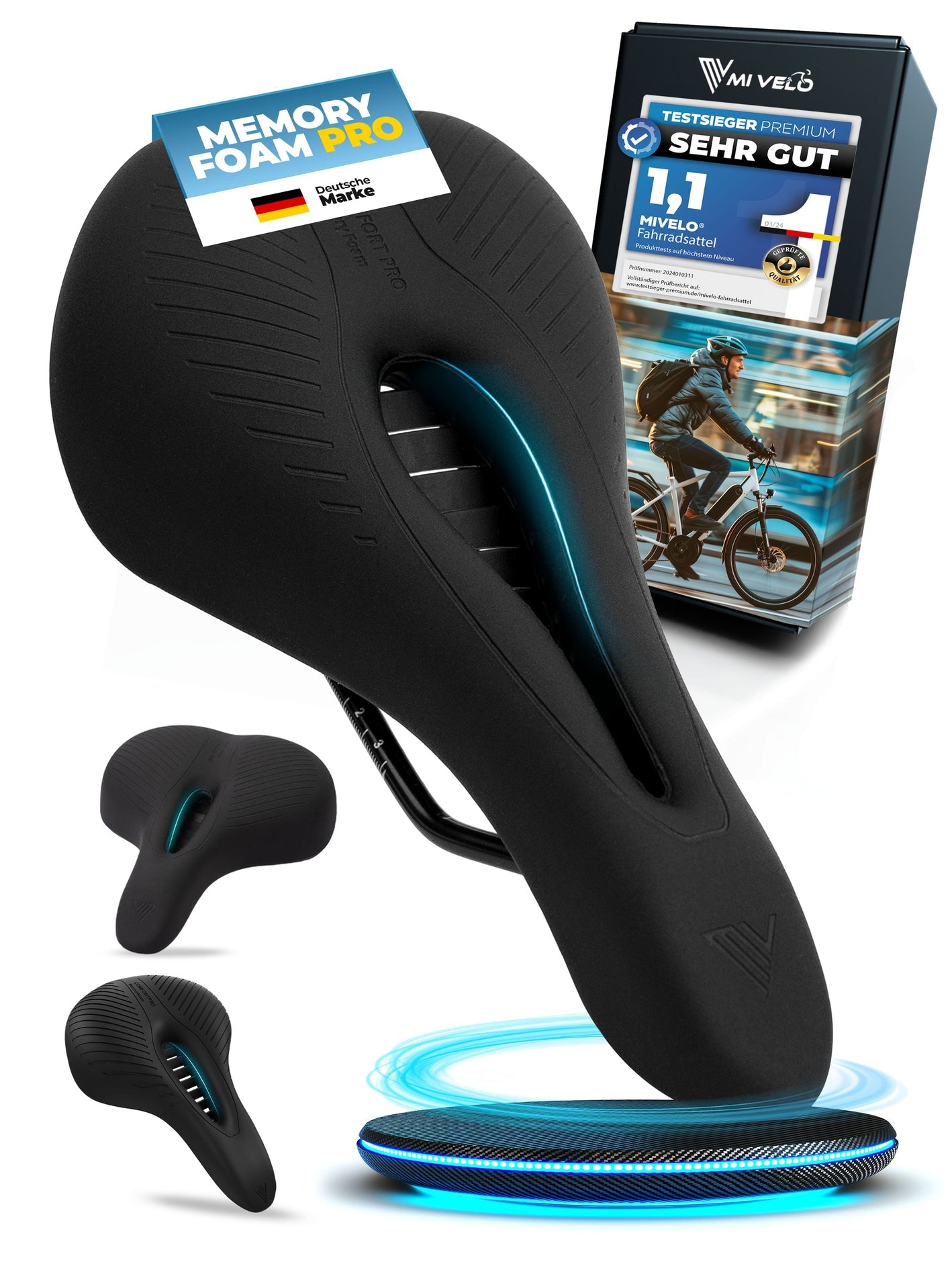 MIVELO Comfort Pro MTB Bike Saddle - Ergonomique - Mousse à mémoire de forme - Imperméable - 28 x 14 cm - Noir