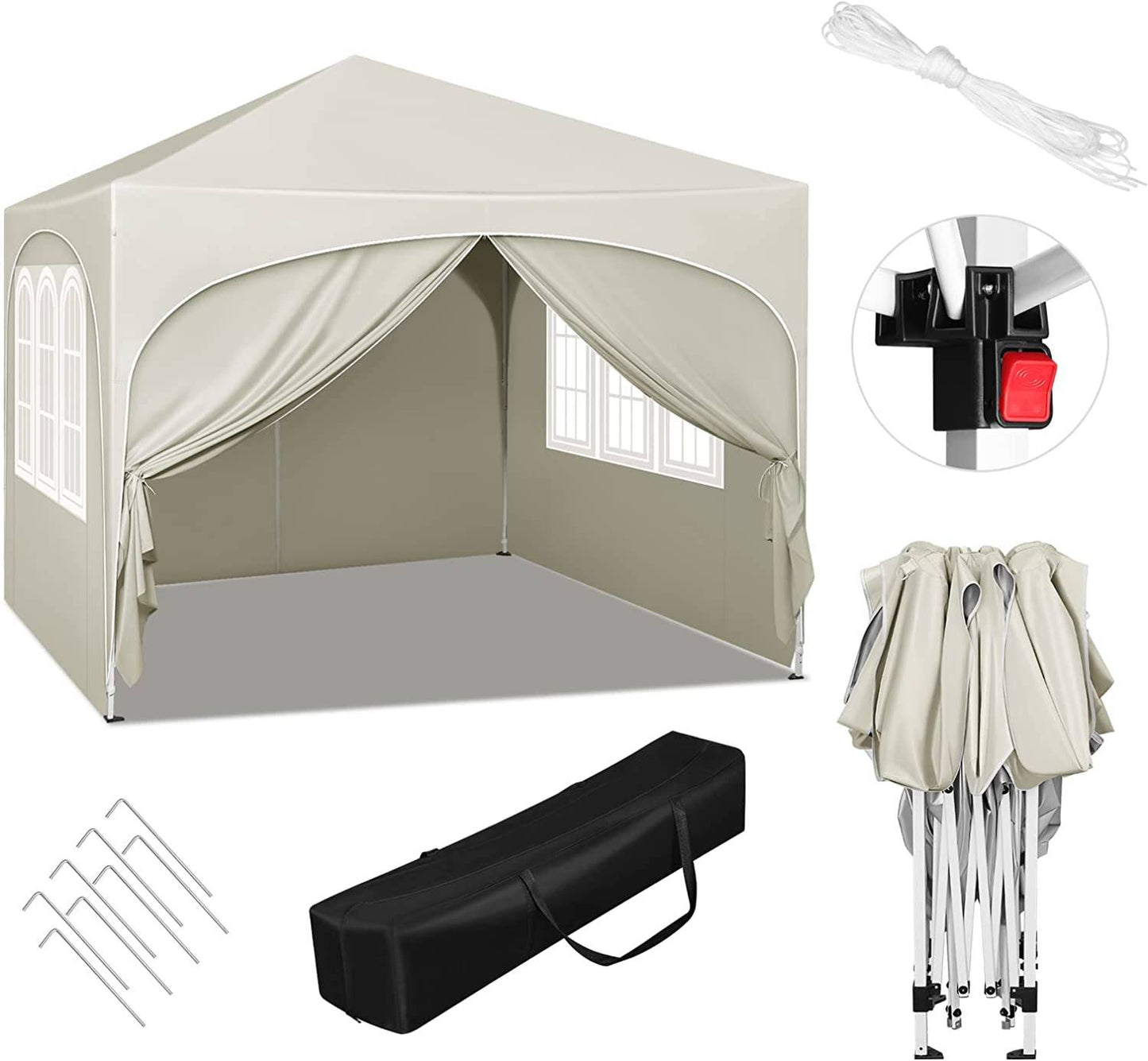 Woltu Pavillon pliable 3x3 m - Beige - Hydrofuge UV50+ - Hauteur réglable - Avec côtés et sac de transport
