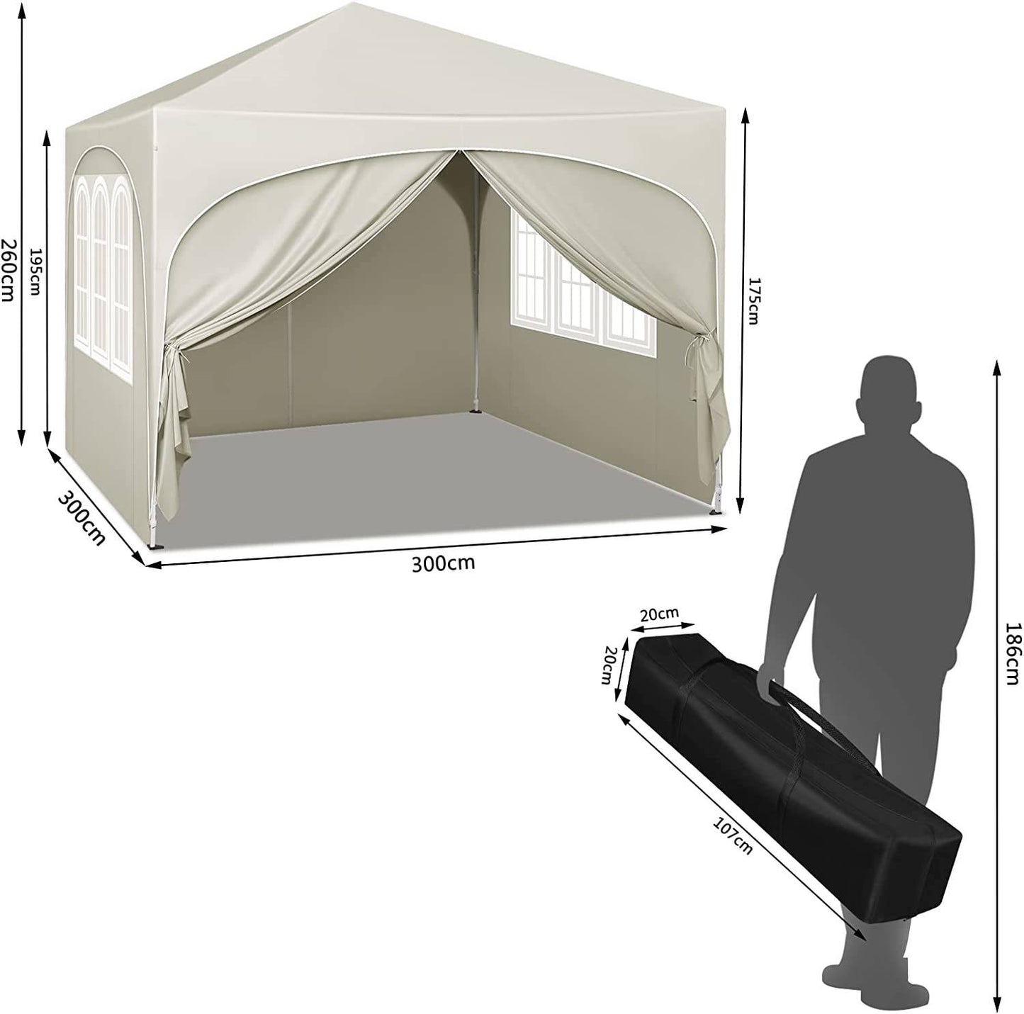 Woltu Pavillon pliable 3x3 m - Beige - Hydrofuge UV50+ - Hauteur réglable - Avec côtés et sac de transport