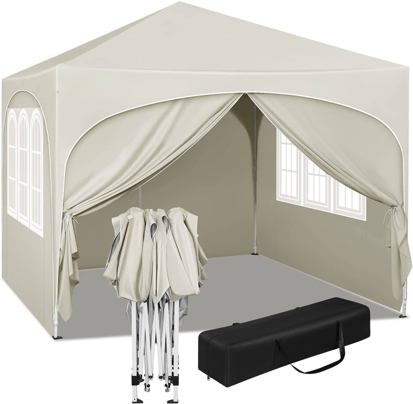 Woltu Pavillon pliable 3x3 m - Beige - Hydrofuge UV50+ - Hauteur réglable - Avec côtés et sac de transport