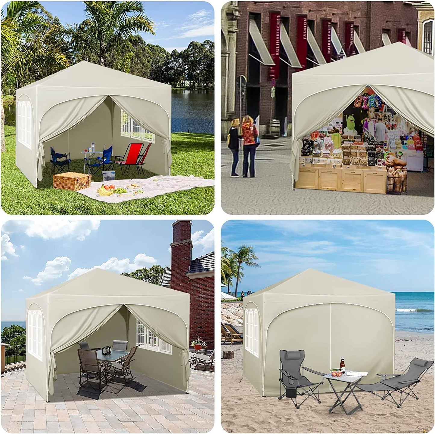 Woltu Pavillon pliable 3x3 m - Beige - Hydrofuge UV50+ - Hauteur réglable - Avec côtés et sac de transport