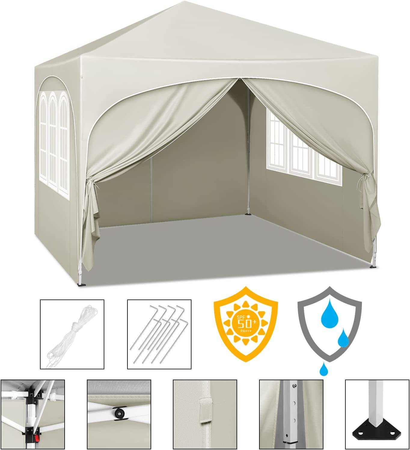 Woltu Pavillon pliable 3x3 m - Beige - Hydrofuge UV50+ - Hauteur réglable - Avec côtés et sac de transport