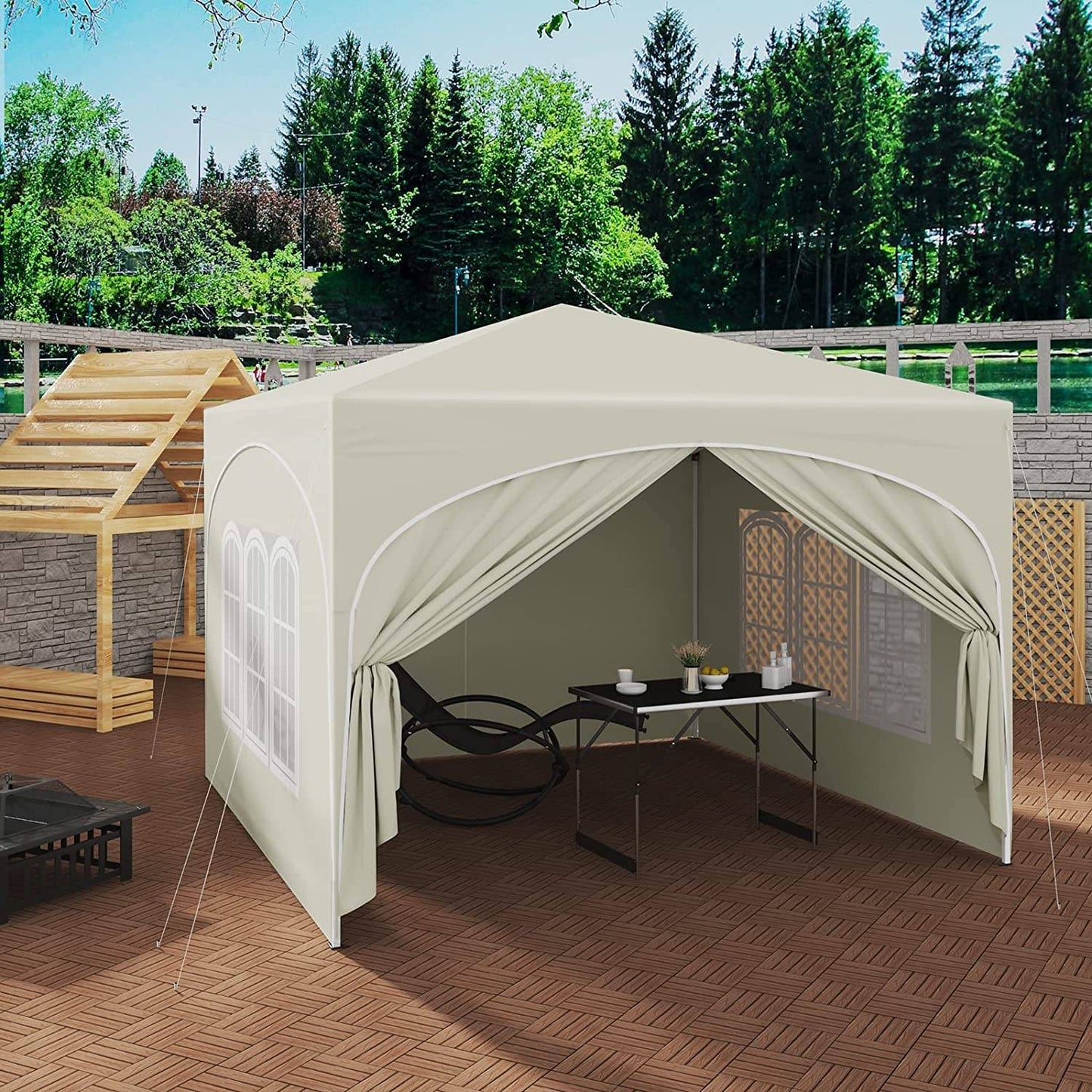 Woltu Pavillon pliable 3x3 m - Beige - Hydrofuge UV50+ - Hauteur réglable - Avec côtés et sac de transport