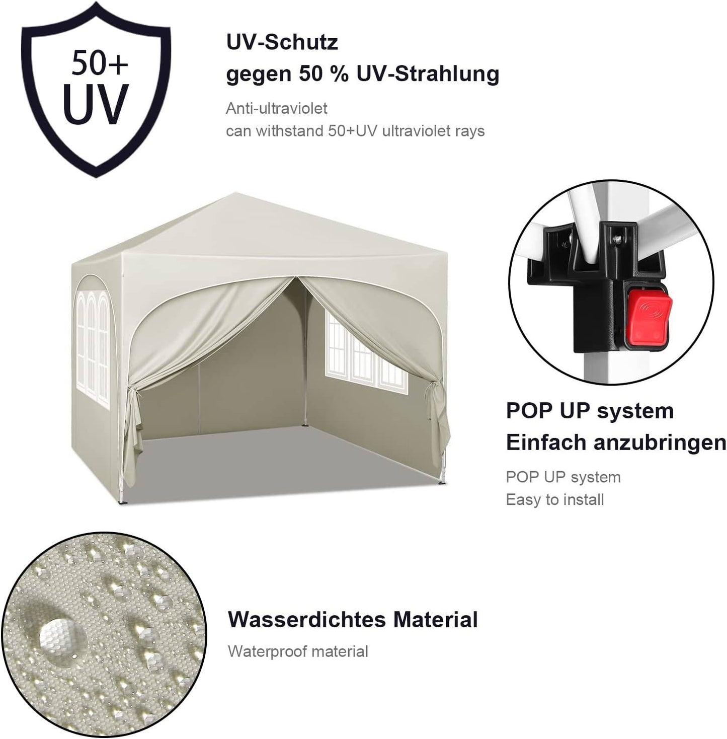 Woltu Pavillon pliable 3x3 m - Beige - Hydrofuge UV50+ - Hauteur réglable - Avec côtés et sac de transport