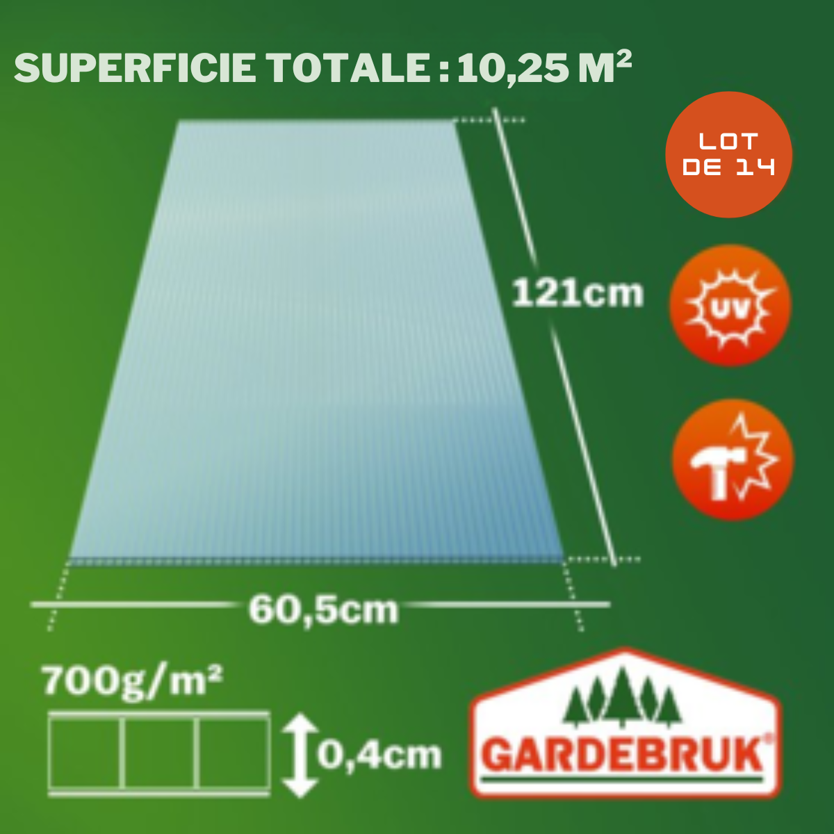 Lot de 14 feuilles flexibles en polycarbonate 4 mm - Gardebruk – 60,5 x 121 cm – Double paroi anti-UV et choc – 10,25 m²