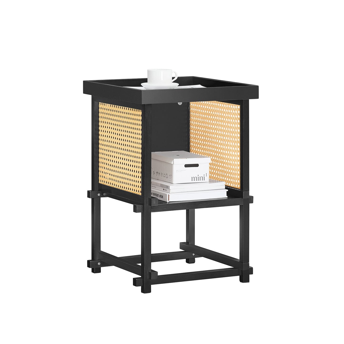 SoBuy table d'appoint HFBT03-SCH - 40×40×60 cm - noir-jaune - châssis en bambou & compartiment de rangement ouvert