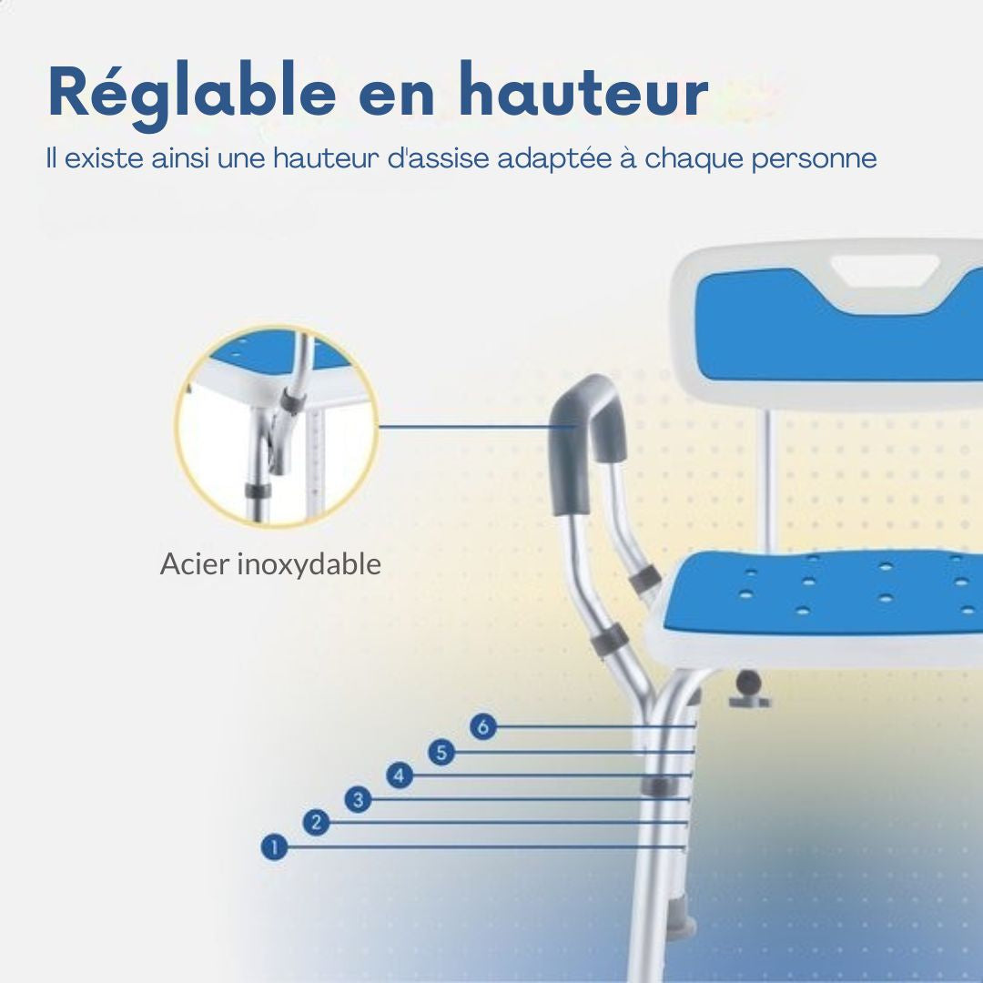 Chaise de douche SafeLife avec dossier et accoudoir amovibles - antidérapant - hauteur réglable - blanc/bleu
