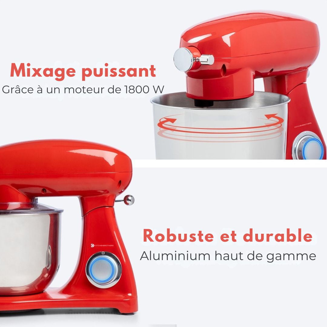 Robot de cuisine - KitchenBrothers - Bol mélangeur 6L - 1800W - Aluminium - Rouge