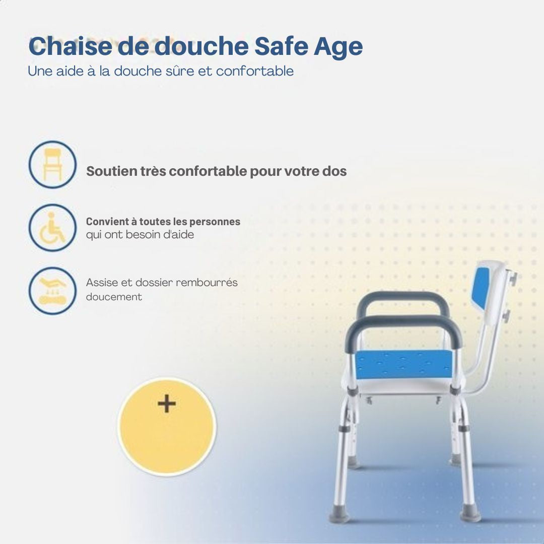 Chaise de douche SafeLife avec dossier et accoudoir amovibles - antidérapant - hauteur réglable - blanc/bleu