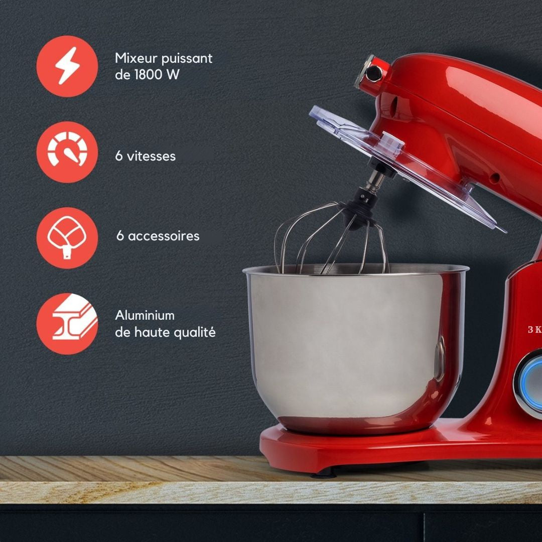 Robot de cuisine - KitchenBrothers - Bol mélangeur 6L - 1800W - Aluminium - Rouge