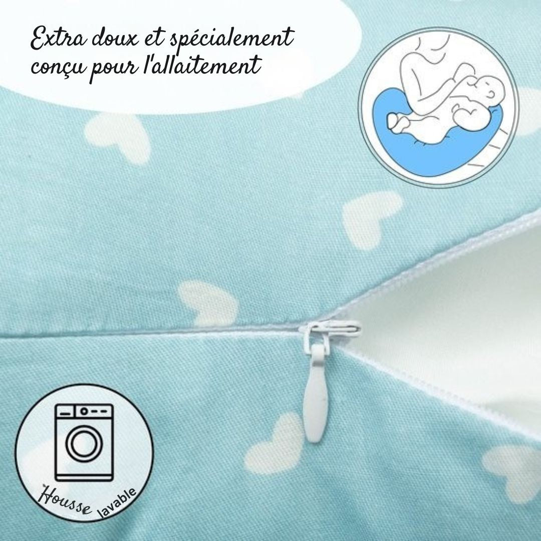 Coussin d'allaitement - de grossesse - Ella- soie - Bleu avec des cœurs
