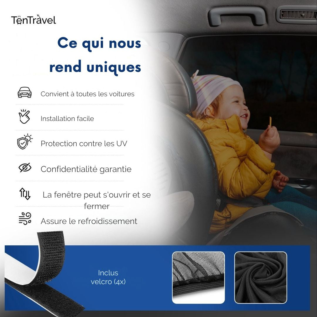 Pare-soleil pour voiture TenTravel - Pour vitre latérale extra foncée - Protection UV - 2 pièces - Noir