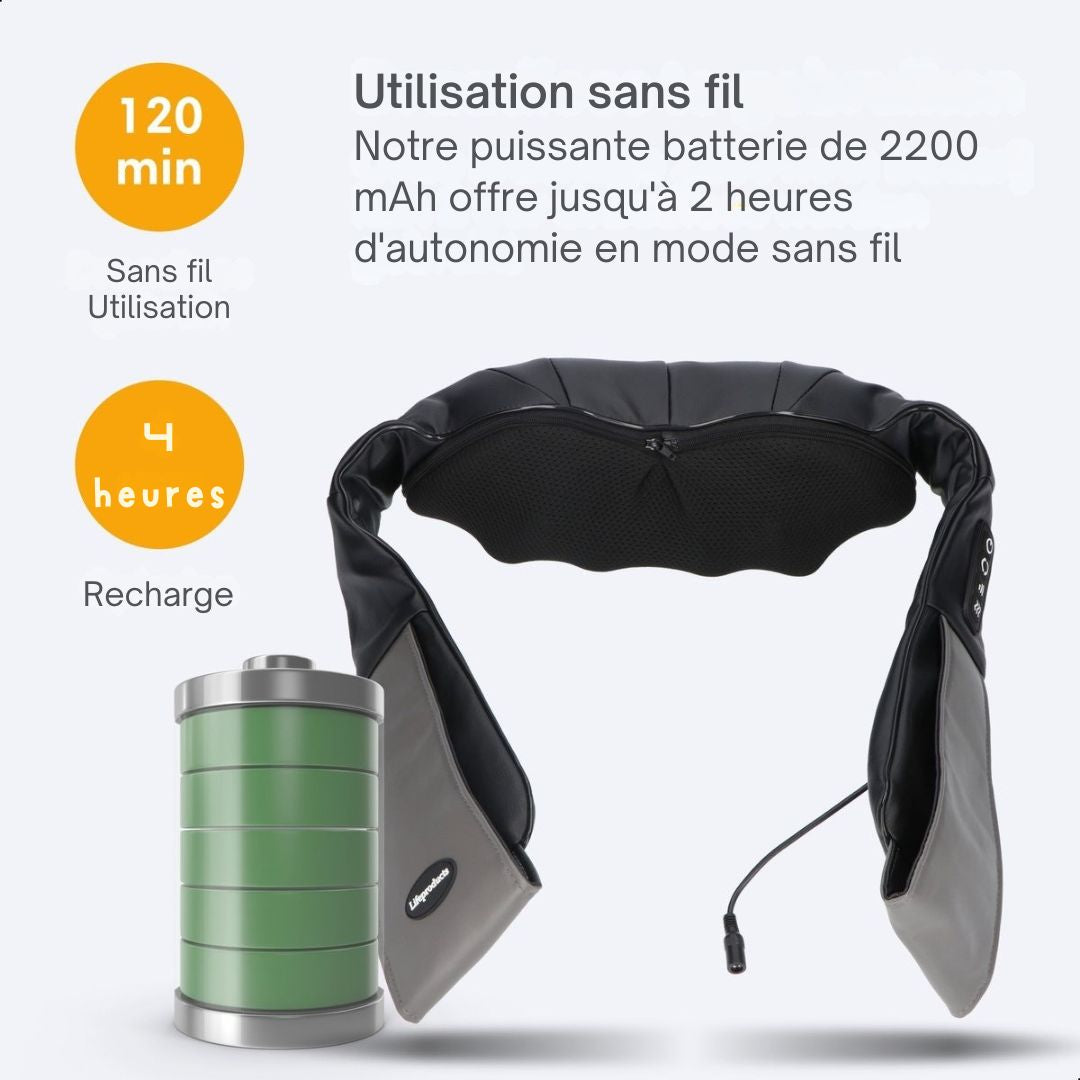 Coussin de massage Shiatsu - Lifeproducts - Rechargeable - Masseur sans fil chauffant pour le cou et le dos - noir