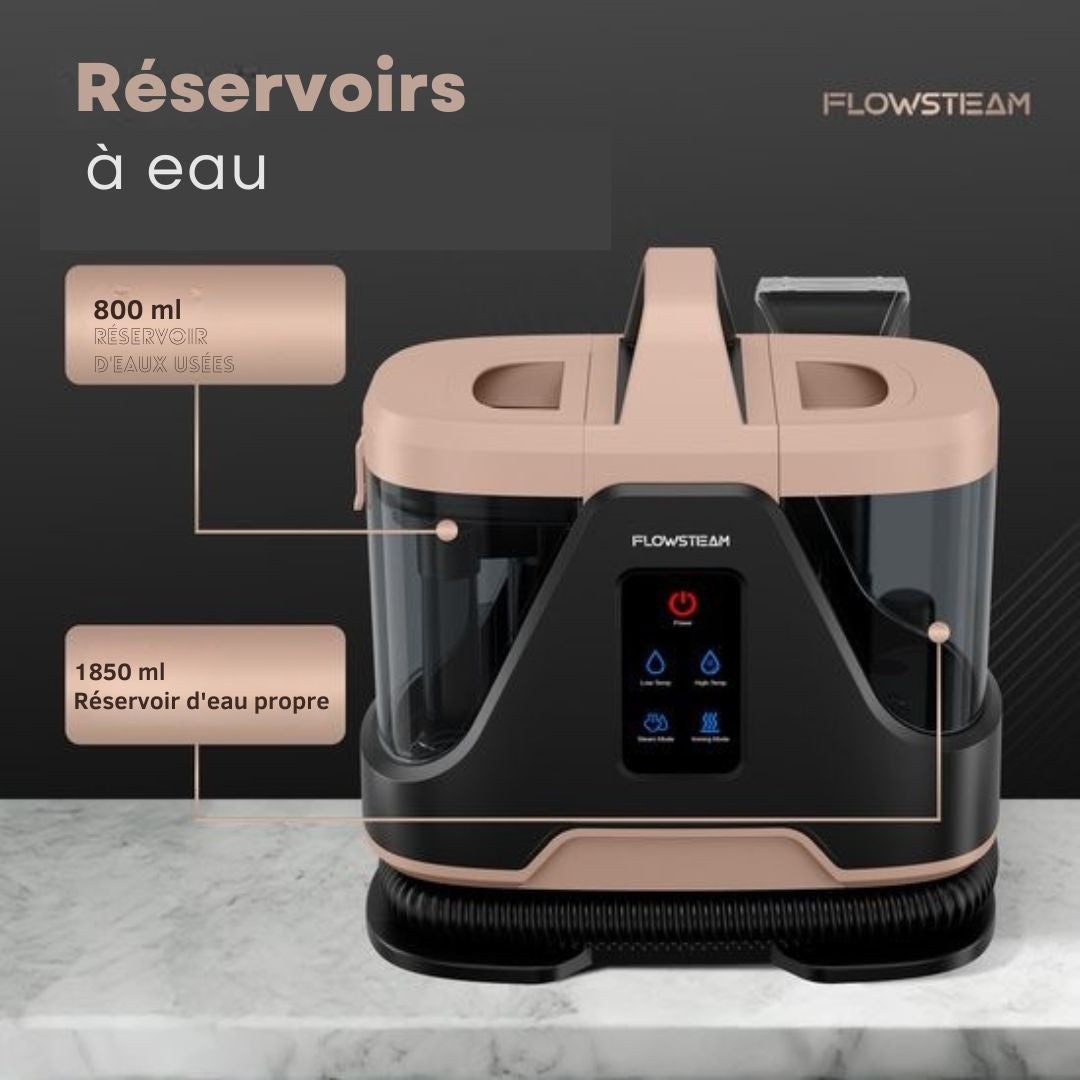 Nettoyeur de tapis 6 en 1 - FLOWSTEAM® - Nettoyeur de taches - sièges - Vapeur à 100°C - 4 modes de vapeur - 90 minutes de vapeur - Cordon de 5M - blanc/noir